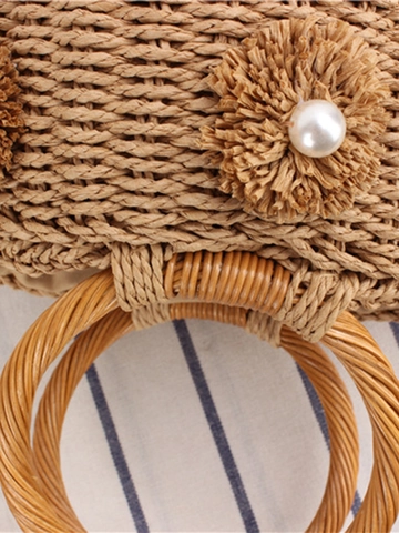 Handgefertigte Papierseil Gewebte Beuteltasche Blume Künstliche Perle Runder Holzgriff Sommer Strand Urlaub Damen Handtasche