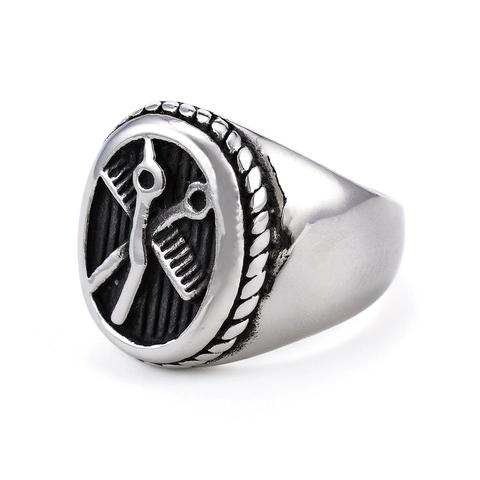 Vintage Barber Signet Ring Stainless Steel Retro Scissors Comb Design Punk Style Professional Jewelry For Men