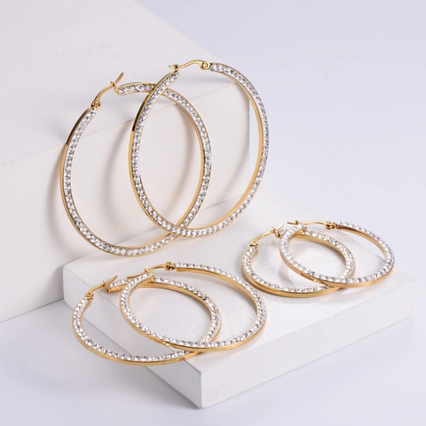 Gouden Hoop Oorbellen Met Strass 316L Roestvrij Staal 18K Verguld Rond Mode Elegante Sieraden Voor Vrouwen