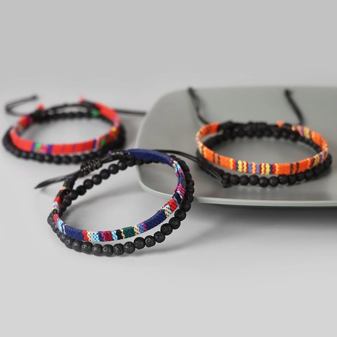 Vintage Lava Stone Beaded Bracelet And Woven Fabric Ethnic Pattern Adjustable Wristband For Men Bohemian Style