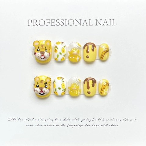 Handmade Press On Nails Cute Tiger 3D Embossed Design Yellow Glossy Finish Hand Painted Floral Sweet Cartoon Style