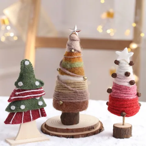 Mini Sapin De Noël En Feutre De Laine Fait À La Main Décoration De Bureau Avec Socle En Bois Style Nordique