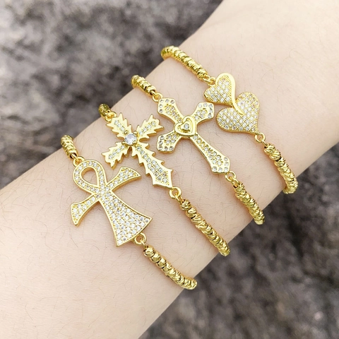 Elegante Bracciale Bolo In Rame Placcato Oro Con Ciondoli Ankh Croce Cuore In Zircone Catena A Scatola Regolabile Da Donna