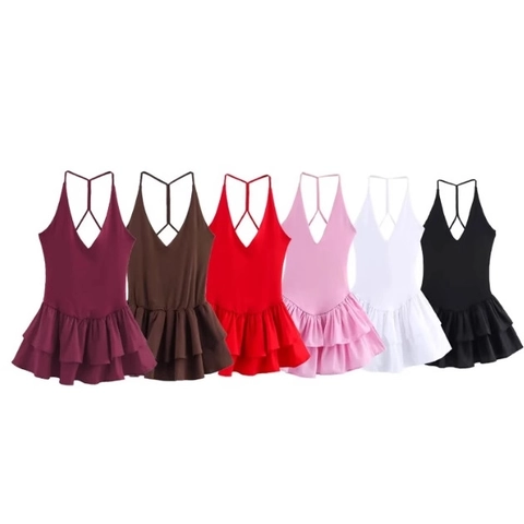 Halter Mini Dress V Neck Backless Cross Straps Double Layer Ruffle Hem Solid Color Polyester Slim Fit Elegant Summer