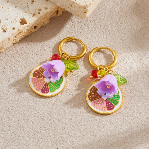 Edelstahl Creolen Mit Lila Blume Und Bunter Frucht Zitronenscheibe Anhänger Süßer Stil Schmuck Für Damen