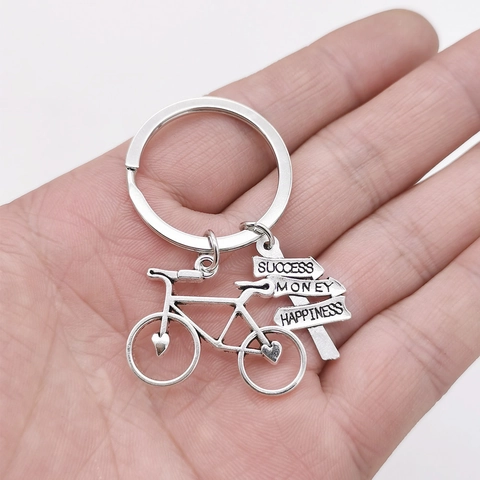 Bicycle Keychain Metal Road Sign Success Money Happiness Inspirational Pendant Vintage Key Ring Ornaments