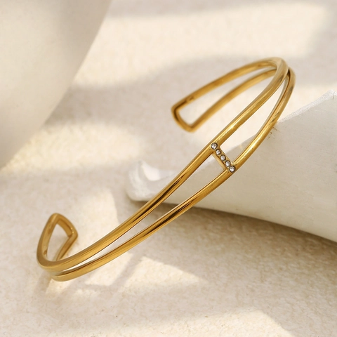 Minimalistischer Zweischichtiger Offener Armreif Edelstahl 18K Vergoldet Strass Geometrischer Eleganter Schmuck