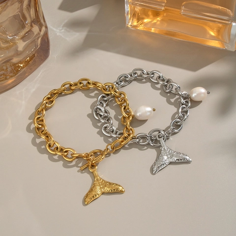 Edelstahl Armband Mit Natürlichen Süßwasserperlen Fischschwanz Anhänger OT Verschluss Wasserfest Schmuck Für Damen