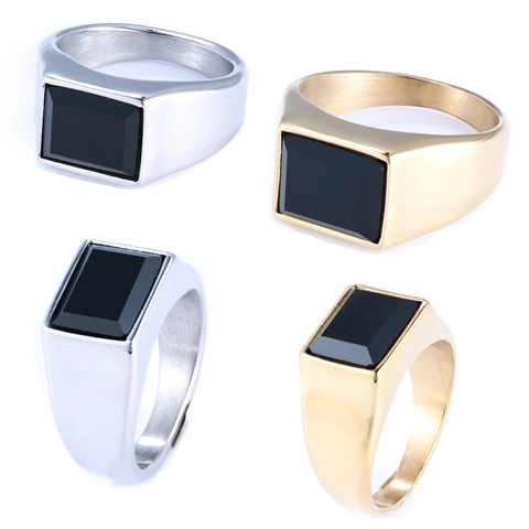 Anillo De Sello Para Hombre Acero Inoxidable Con Piedra De Ágata Negra Rectangular Vintage Punk Gótico Minimalista Pulido
