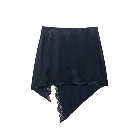 Minigonna In Raso Con Pizzo Orlo Asimmetrico Effetto Raso Vita Alta Sexy Streetwear Festa Blu Notte
