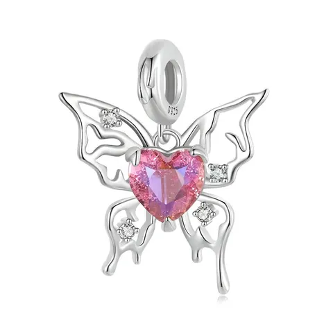 Charm Farfalla Argento Sterling 925 Con Zircone Cuore Rosa Design Cavo Creazione Di Gioielli DIY Per Donne