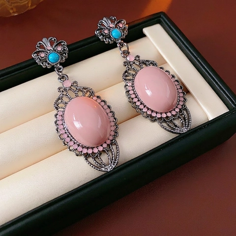 Vintage Palace Style Hollow Filigree Drop Earrings Pink Oval Resin Stone Turquoise Accents Alloy With Silver Earring Post