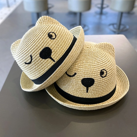 Chapeau De Paille Mignon Pour Enfants Avec Oreilles Animaux Et Broderie Visage Dessin Animé Chapeau Soleil Été
