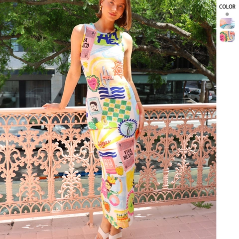 Women Sleeveless Maxi Dress Polyester Slim Fit Artistic Printed Summer Beach Bodycon Streetwear Round Neck Long Sundress