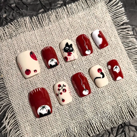 Cartoon Black Cat Press On Nails Glossy Resin Short Square Cute Japanese New Year Festive Artificial Fingernails