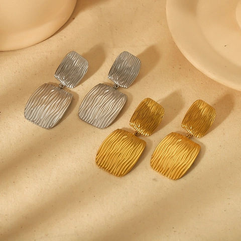 Pendientes Largos Rectangulares Dobles Acero Inoxidable Chapado En Oro 18K Textura De Ondas Joyería Moda Mujer