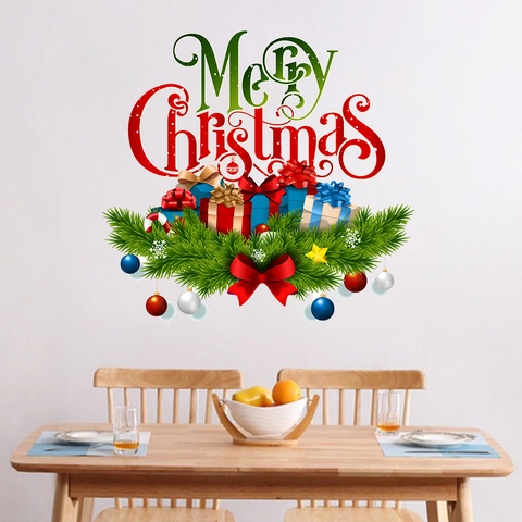 Merry Christmas Muursticker PVC Waterdicht Feestelijke Decals Met Dennentak Cadeauverpakking Patronen Voor Huis Raam Decoratie