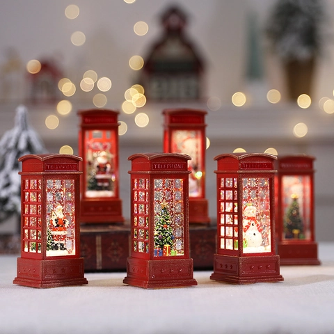 Christmas LED Telephone Booth Lantern Glitter Snow Globe Santa Snowman Desktop Decor Vintage Holiday Light Ornament