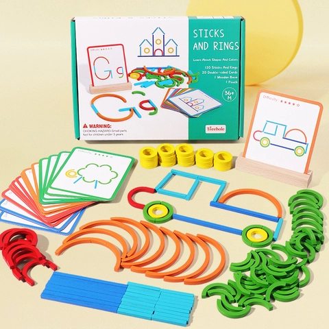 Sticks And Rings Puzzle Toy Wooden Montessori Educational Logic Game Kids Creative Shape Color Learning Kindergarten