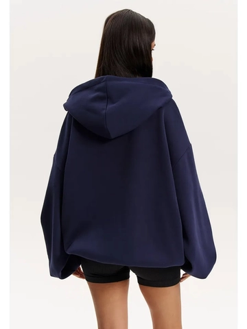 Women Zip Up Hoodie Pure Cotton Oversized Long Sleeve Streetwear Vintage Navy Blue Letter Print Jacket