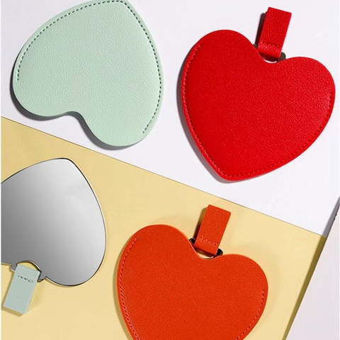 Heart Shape Makeup Mirror Stainless Steel Unbreakable Portable Pocket Mirror With PU Leather Sleeve Compact Vanity Handheld
