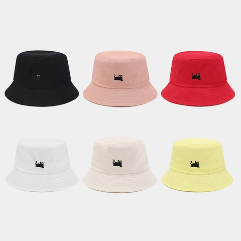 Cappello Alla Pescatora In Cotone Ricamo Gatto Nero Protezione Solare Casuale All Aperto Parasole Moda Piano Superiore