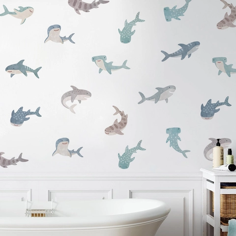 Stickers Muraux Requins Baleines Aquarelle Dessin Animé PVC Autocollant Décoration Thème Océan Pour Chambre Enfant Salle De Bain
