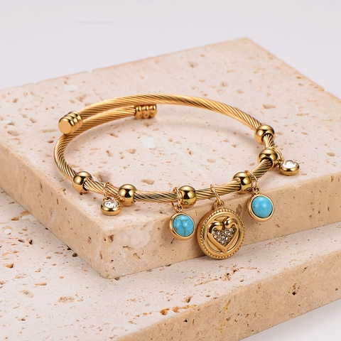 Brazalete De Acero Inoxidable Con Cable Trenzado Chapado En Oro De 18K Colgante De Corazón Cuenta Turquesa Joyería Bohemia