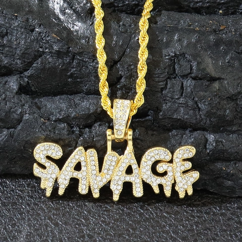 Collar Hip Hop Letra Savage Aleación Diamantes De Imitación Iced Out Drip Colgante Cadena De Cuerda Streetwear Para Hombre