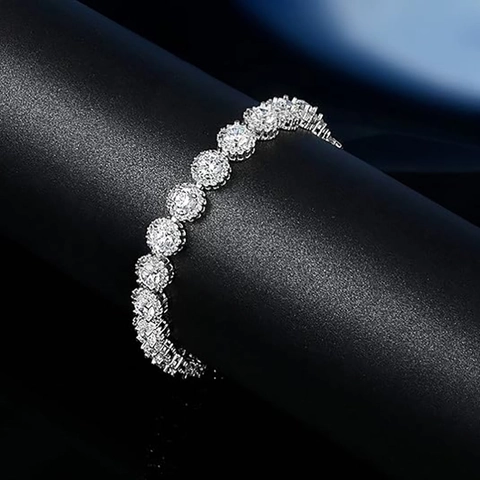 Round Halo Tennis Bracelet Gold Plated Cubic Zirconia Cluster Link Luxury Fashion Jewelry For Women Men