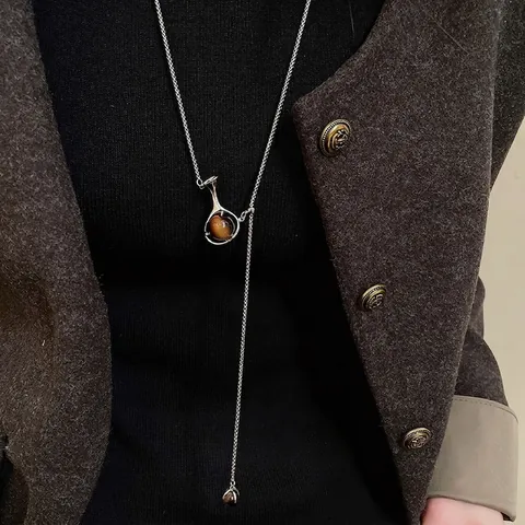Long Collier En Y Avec Perle En Résine Style Œil De Tigre Chaîne Box En Alliage Sautoir Vintage Pour Femmes