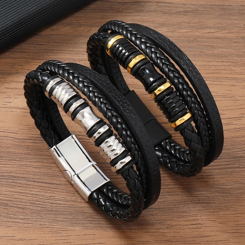 Pulsera De Cuero Trenzado Multicapa Para Hombre Con Anillos De Aleación Y Cierre Magnético Joyería De Moda