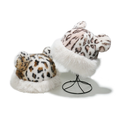 Sombrero de Pescador de Piel Artificial Gruesa de Invierno para Mujer Con Orejas de Oso Estampado de Leopardo Cálido Cortavientos