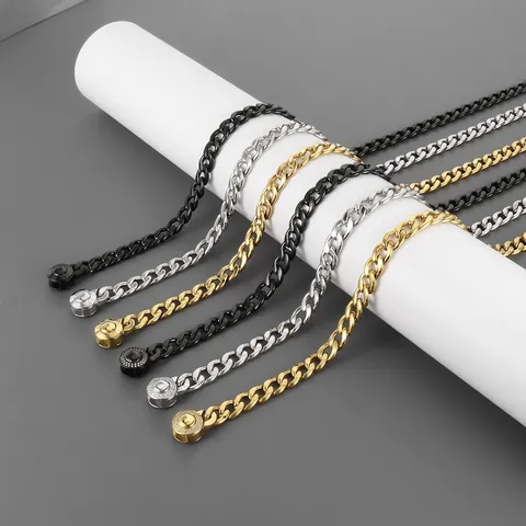 Men Hip Hop Cuban Link NK Chain Necklace Bracelet Titanium Stainless Steel Rhinestone Round Clasp Punk Jewelry