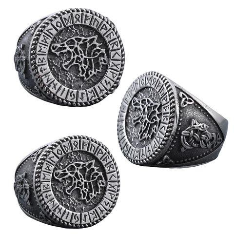 Viking Wolf Head Stainless Steel Ring Vintage Nordic Rune Signet For Men Punk Style