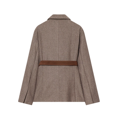 Chaqueta Blazer De Mujer Con Cinturón Espiga Marrón Café Acrílico Un Solo Pecho Oficina Casual Retro Elegante Ropa