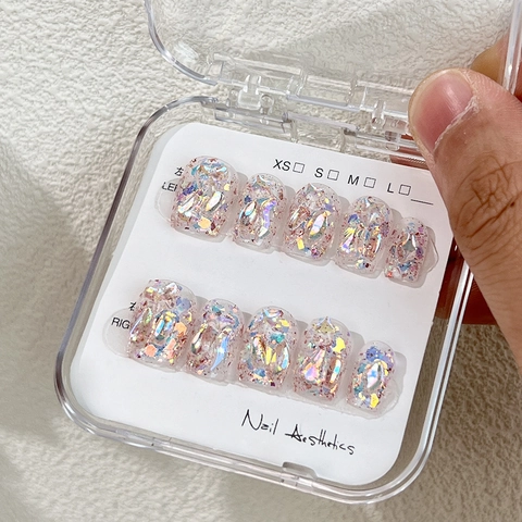 Uñas Postizas Hechas A Mano Cortas Cuadradas Aurora Holográfica Purpurina Diamantes De Imitación Reutilizables Para Mujeres