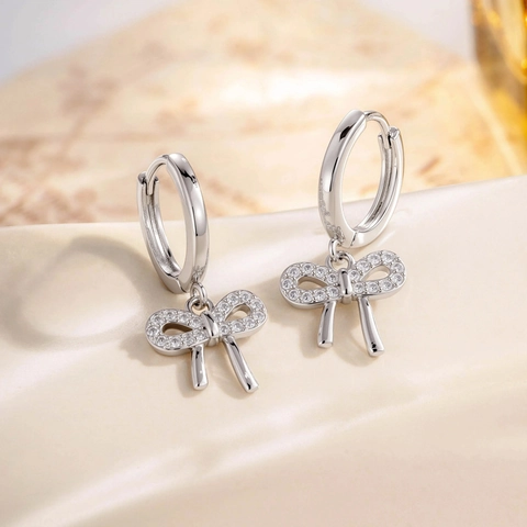 Bow Pendant Hoop Earrings Micro Inlaid Zircon Sparkling Copper Silver Color Dainty Jewelry For Women