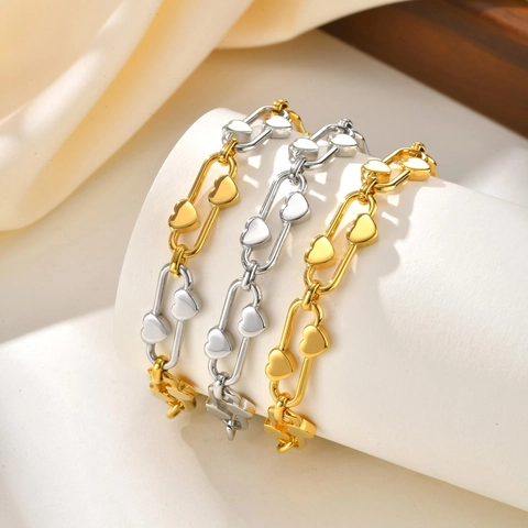Pulsera de Cadena de Clip en Forma de Corazón de Acero Inoxidable para Mujer Ajustable Bañada en Oro Plata Joyería Elegante