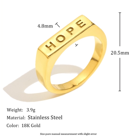 Anillo De Sello Grabado Con Letra Hope Acero Inoxidable Chapado En Oro 18K Tapa Rectangular Alargada Moda Minimalista Mujer Hombre
