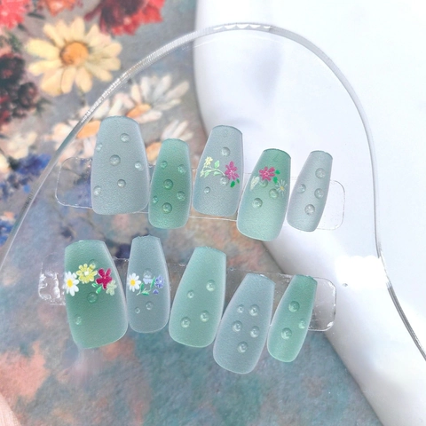 Matte Groene ABS Press On Nagels Bloemenprint 3D Waterdruppels Ballerina Coffin Kunstnagels Franse Manicure