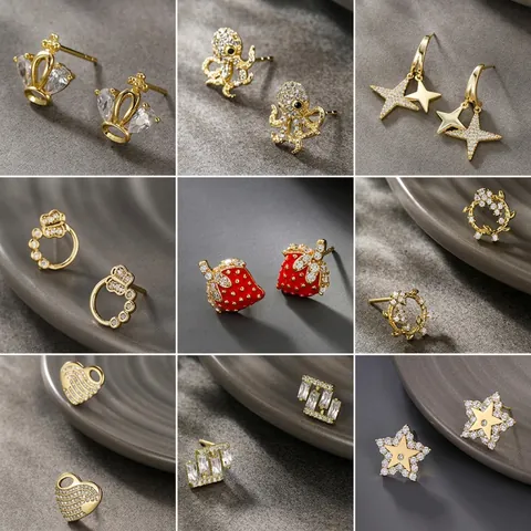 Geometric Stud Earrings Copper Alloy Zircon Crystal Star Heart 14K Gold Plated Jewelry With Copper Earring Post