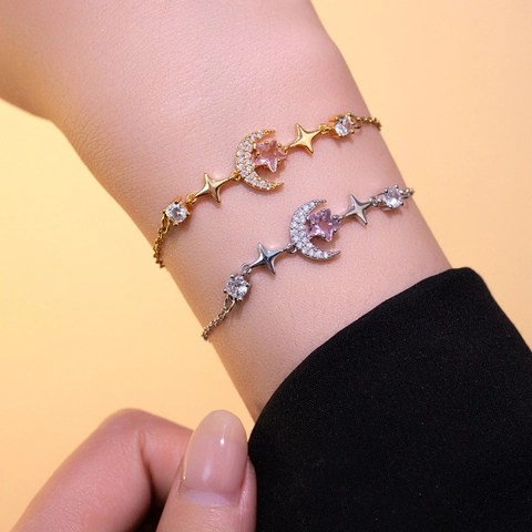 Pulsera De Estrella Y Luna De Acero Inoxidable Con Cristal Rosa Circonitas Joyería Ajustable Amuleto Elegante Para Mujer