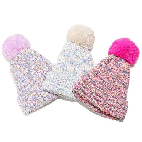 Gorro De Punto Trenzado De Arcoiris Para Niños Con Pompon Forro Polar Cálido Invierno Colores Mezclados