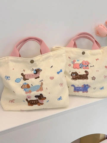 Corduroy Handtasche Cartoon Katze Hund Stickerei Lunch Bag Tragbare Commuter Tote Mit Metall Schnappverschluss Für Damen