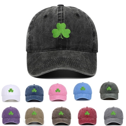 Baseballkappe Aus Gewaschener Baumwolle Mit Kleeblatt Stickerei Vintage Verstellbar Dad Hat Sonnenschutz