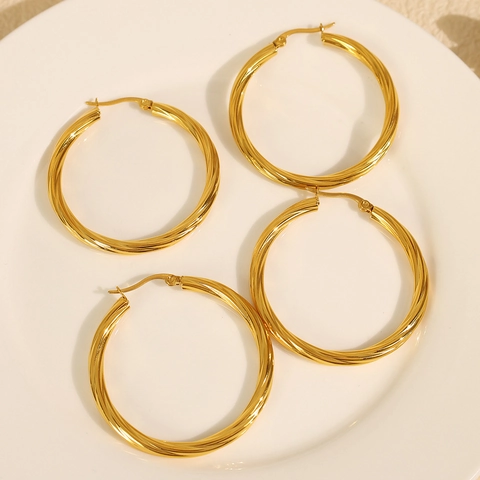 Créoles Torsadées Acier Inoxydable Plaqué Or 18K Spirale Texturée Géométrique Grand Cercle Bijoux Pour Femmes