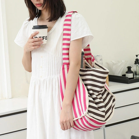Borsa Tote In Tela A Righe Grande Capacità Borsa A Tracolla Borsa A Mano Viaggio Casual Per Donna