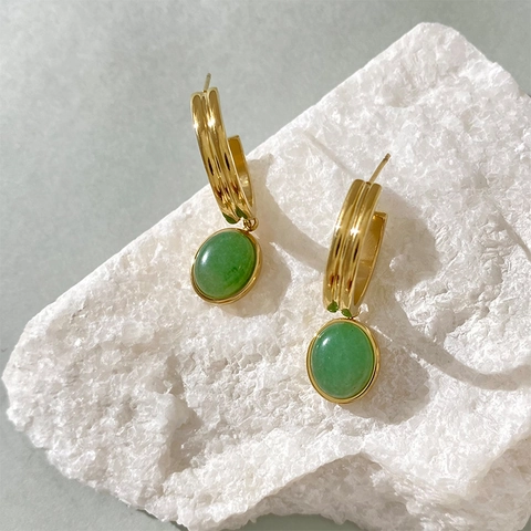 Vintage Stainless Steel Drop Earrings For Women With Oval Green Aventurine Stone French Style Gold Plated Hoop Pendants