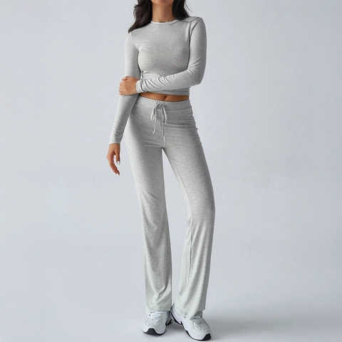 Women Long Sleeve Crop Top And Drawstring Wide Leg Pants Viscose Elastane Casual Y2K Loungewear Slim Fit Sporty Outfits